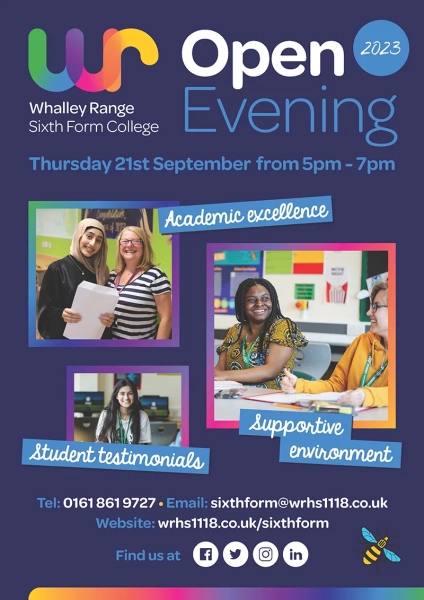 Whalley Range Sixth Form Open Evening 2023 poster