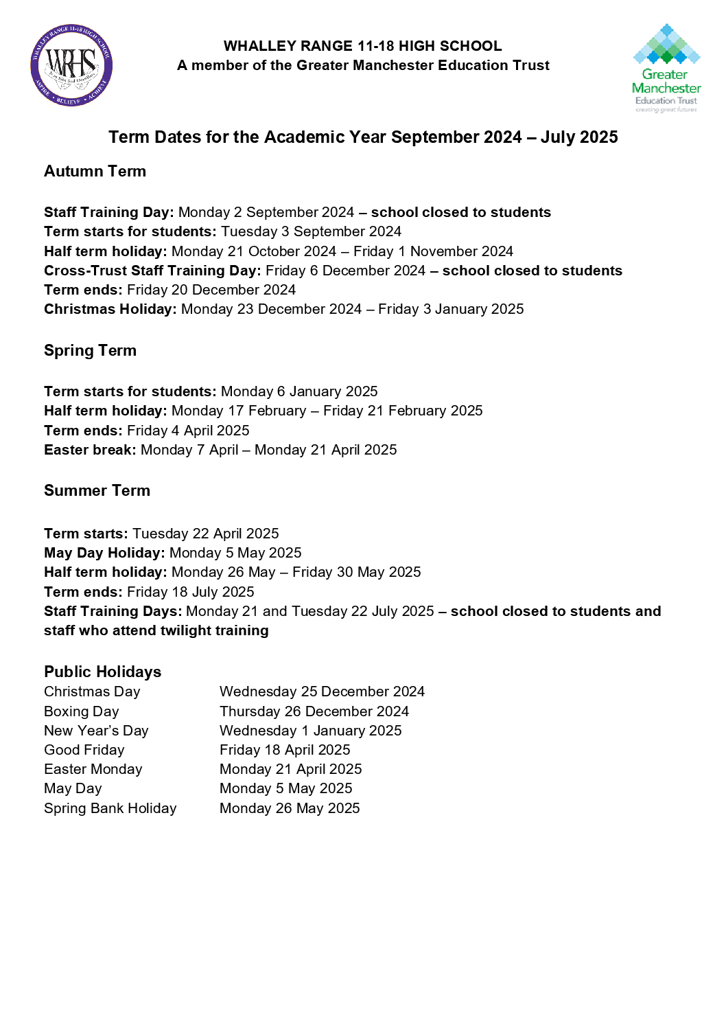 Term Dates 2024/25 WRHS